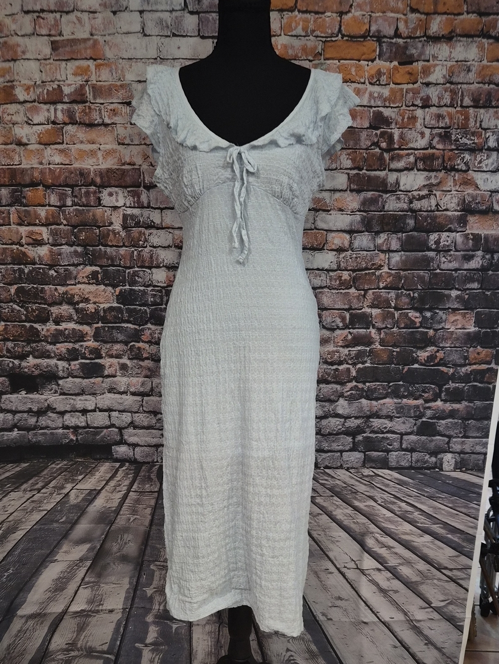 Women's Light Blue Maxi Dress with Ruffle Neckline and Tie